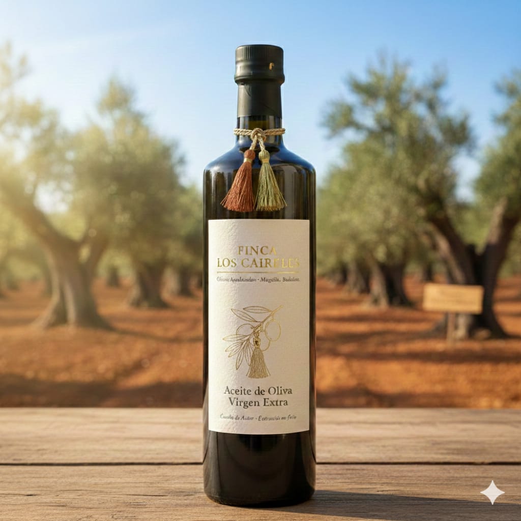 Botella de aceite de oliva virgen extra Finca Los Caireles en el olivar